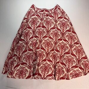 FARM Rio A-Line Midi Skirt Women's Off-White Red Tropical Cameo-Print Linen